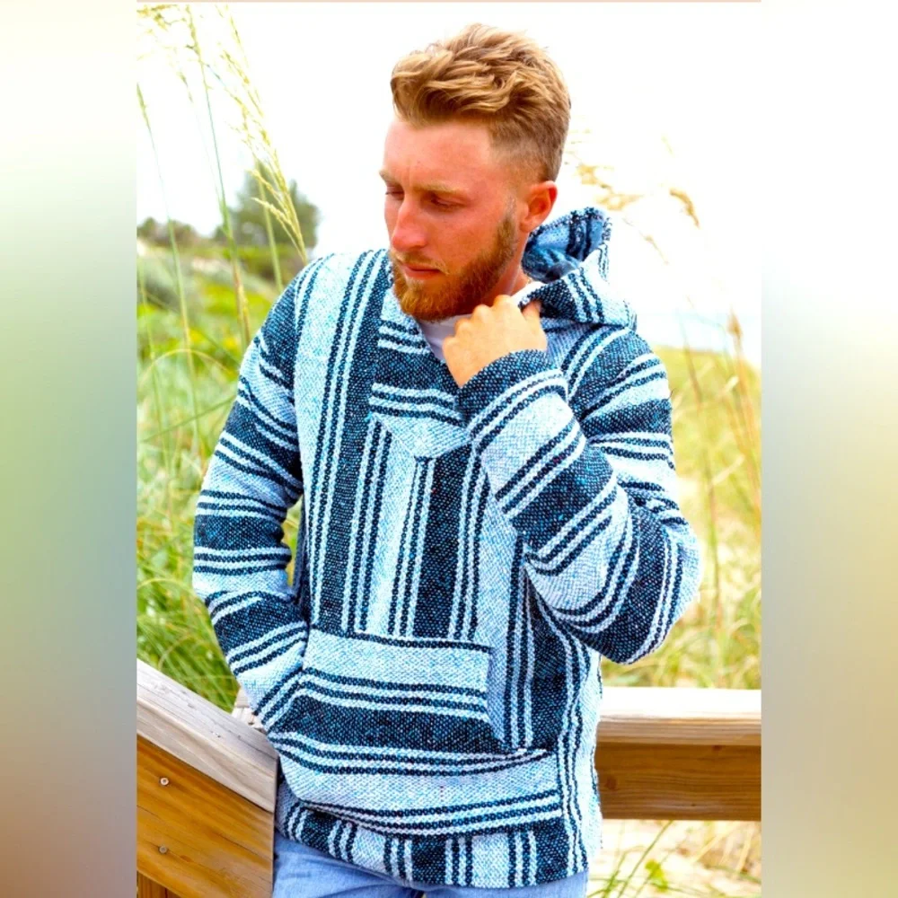 EUC IGUANA JACK BAJA HOODIE DENIM size XL blue with light blue stripes